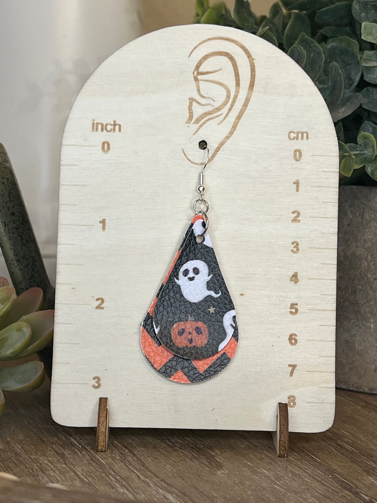 Faux leather/vinyl Halloween Ghost and Jack-O-Lantern Dangle Earrings