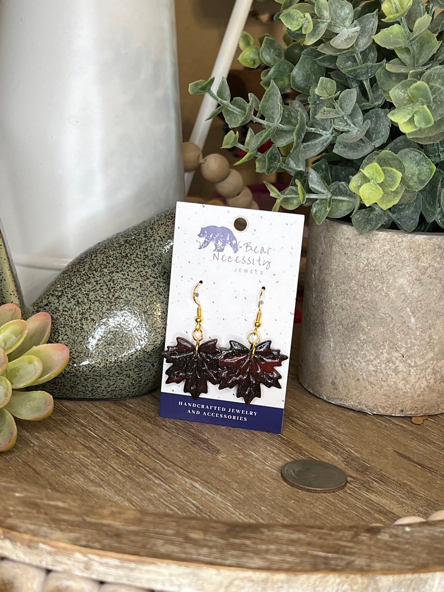 Dark Maroon (almost black) Leaf Earrings