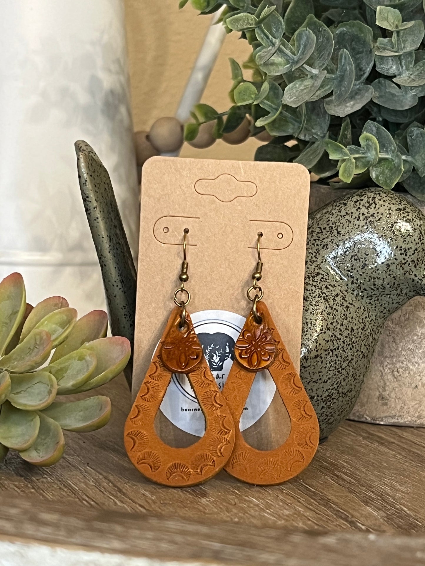 Genuine Leather Hand Tooled Tear Drop Shaped Dangle Earring