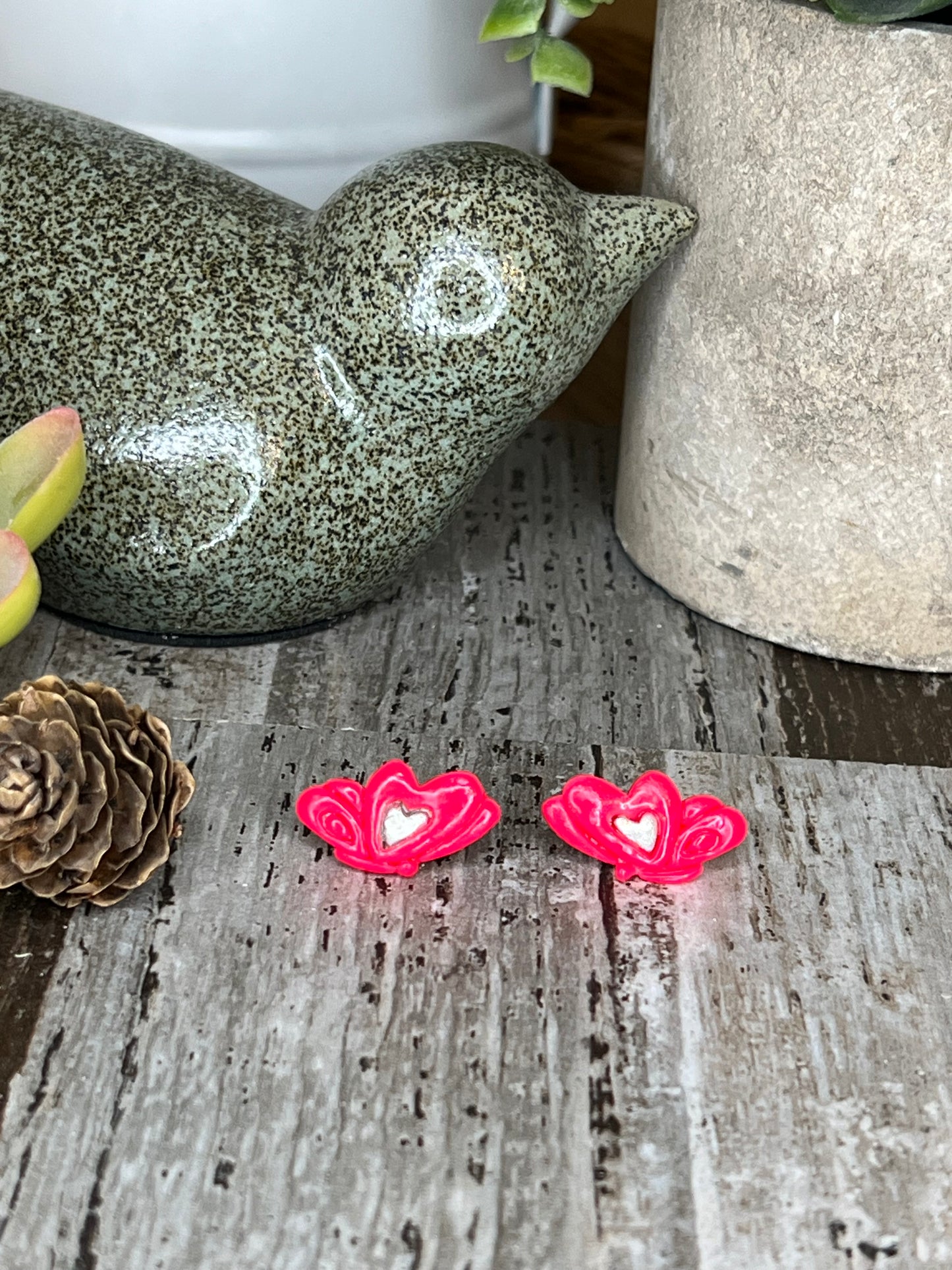 Hot Pink and Silver Heart Butterfly Stud Earrings