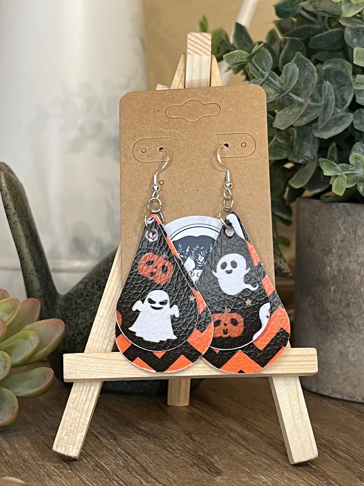 Faux leather/vinyl Halloween Ghost and Jack-O-Lantern Dangle Earrings