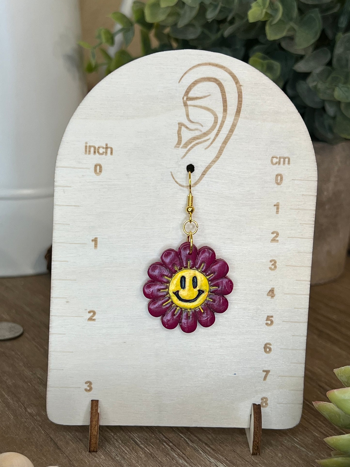 Fuchsia Smiley Face Flower Hook Earrings