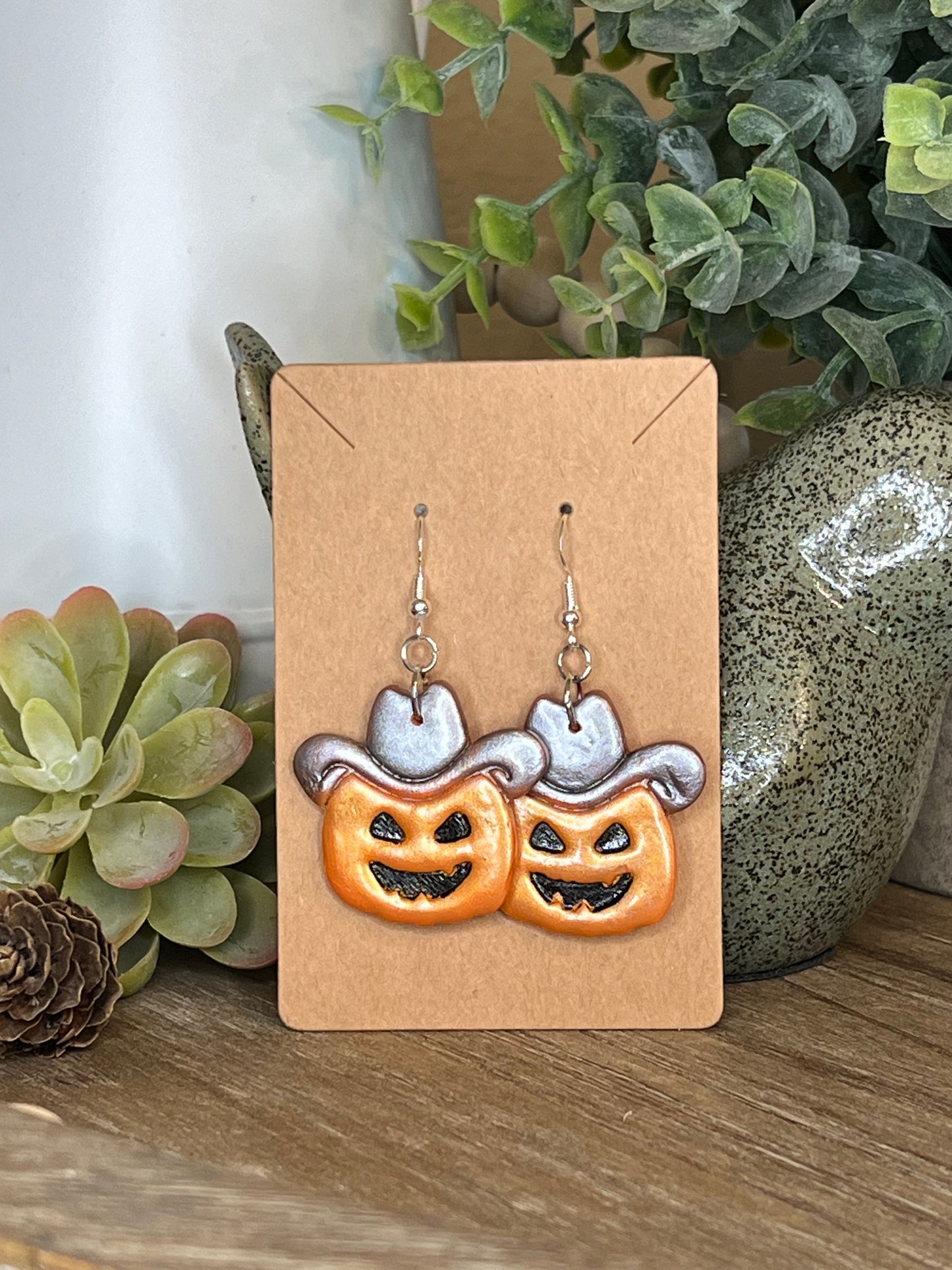 Silver Cowboy Jack-O-Lantern Hook Earrings